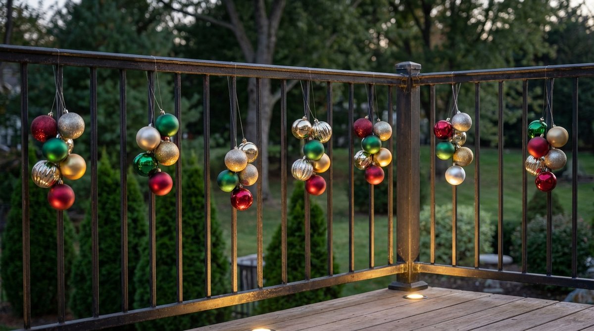 A close-up view of weatherproof Christmas ornaments clustered in groups of five to seven, suspended at varying heights along a balcony railing with fishing line. The shatterproof ornaments feature coordinating metallic finishes and traditional red and green colors, strategically placed at corner posts and midpoints. The clusters are softly backlit by small spotlights from the balcony floor, creating glowing focal points for evening ambiance.