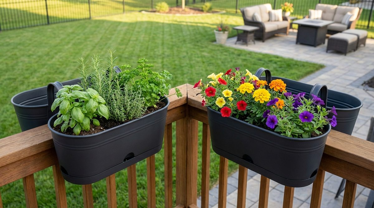Individual oval containers with detachable hooks for flexible arrangements along railings, providing ample root space and compact design, ideal for symmetrical herb gardens or clustered floral displays with proper drainage to prevent root rot.