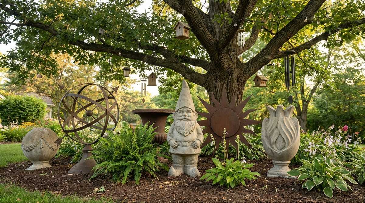 A cluster of oversized lawn ornaments, each measuring 22 inches or larger, arranged in a staggered formation beneath a decorated outdoor tree. The ornaments serve as ground-level focal points, creating visual rhythm and scale cohesion in the landscape.