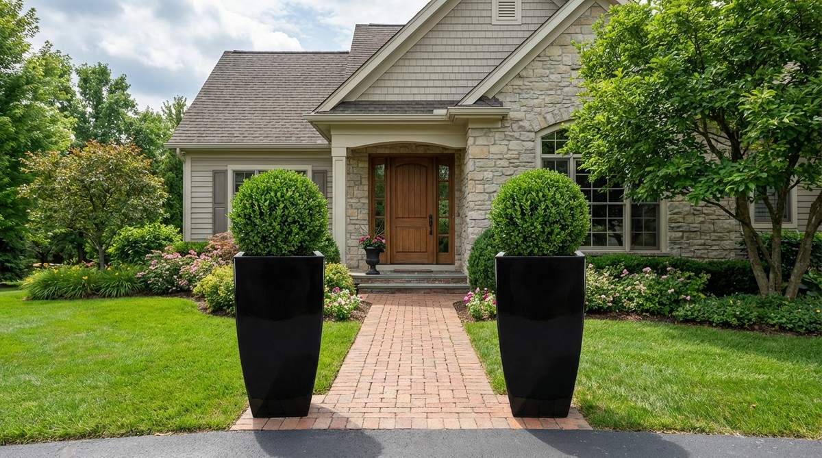 Two matching modern urns in glossy black resin, each 30 inches tall with tapered profiles, positioned symmetrically on either side of an entryway. Planted with identical specimens such as boxwood spheres or standard-form roses to create formal balance and architectural precision, blending traditional home styles with contemporary containers.