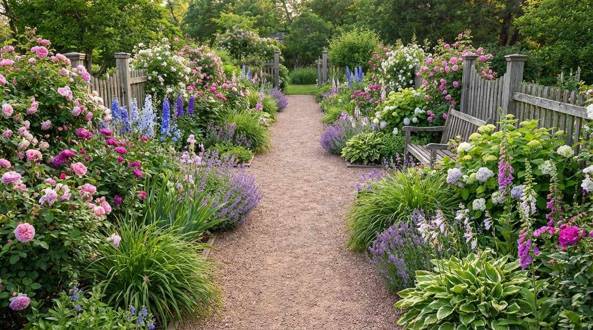 A view of two parallel, generously planted borders flanking a straight pathway in a cottage garden, with deep plantings of intermingled flowers and foliage softening the formal path structure to create an immersive, bloom-filled experience.