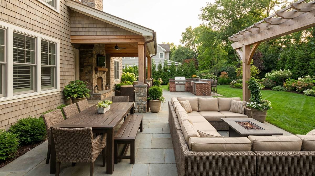 An outdoor patio arrangement featuring a rectangular dining table positioned parallel to the house wall, with a lounge sectional placed perpendicular to the dining axis. This T-shaped configuration creates efficient serving paths from the kitchen to the dining area while providing a comfortable lounge space facing the yard or garden view. The design maintains proper clearance for circulation and separates dining, lounging, and passage areas.