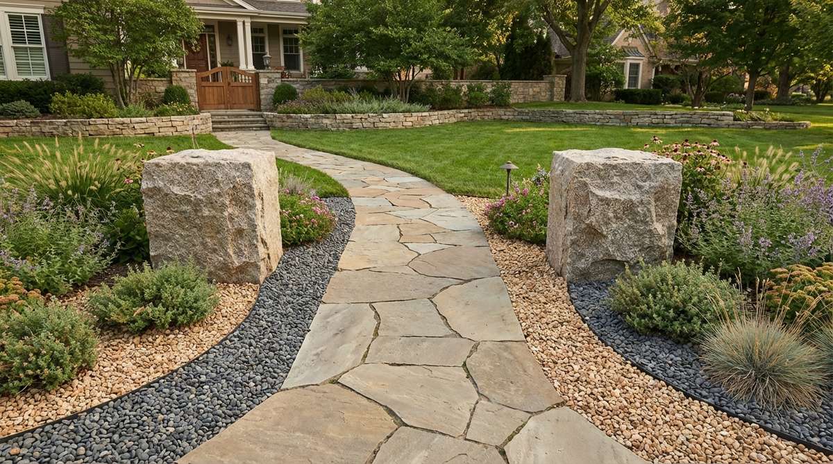 Two symmetrical matched boulders positioned on opposite sides of a garden entrance, creating a formal gateway with contrasting gravel bases to guide foot traffic and establish visual structure in landscape design.