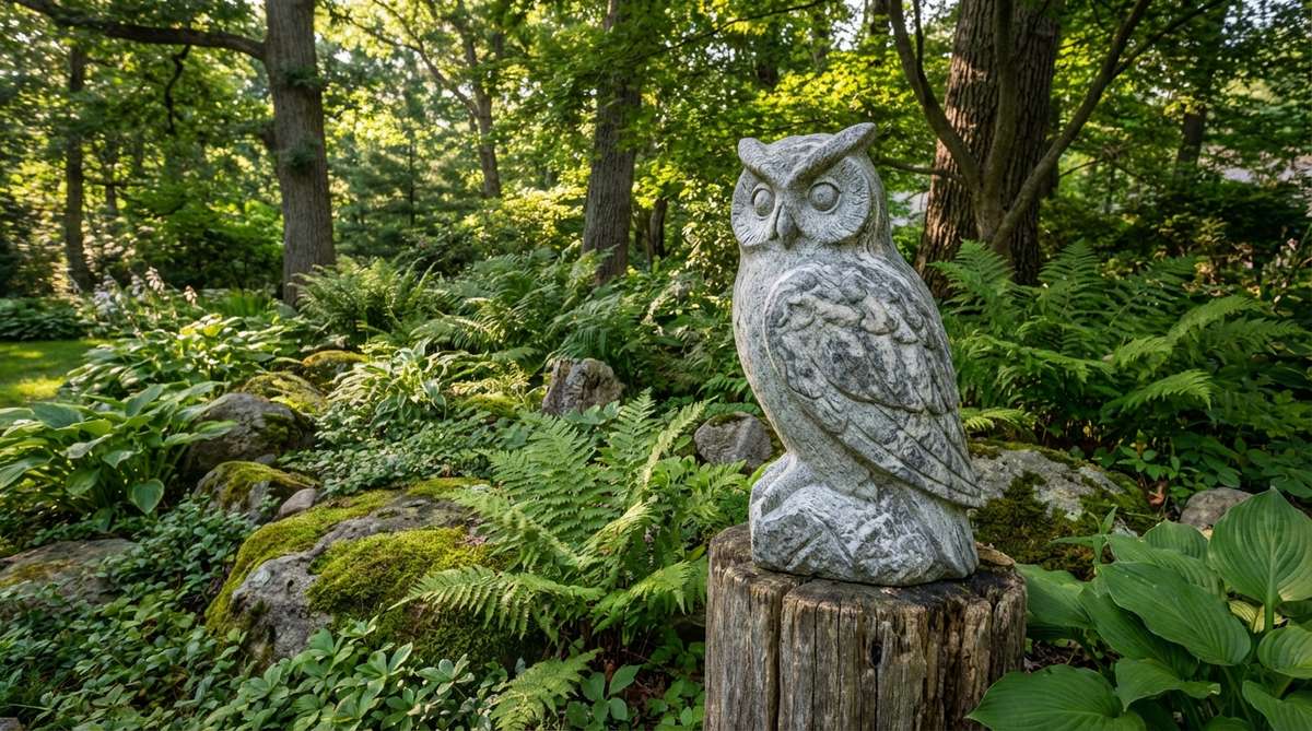 A stone-carved owl sculpture made from gray granite, showcasing natural veining that mimics cryptic plumage patterns. Mounted on a weathered stump or pedestal at eye level, it symbolizes wisdom and nocturnal mystery, adding vertical interest to shade gardens with ferns and groundcovers.