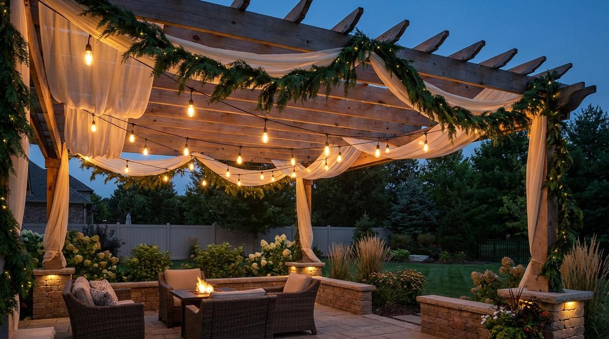 A garden pergola with string lighting, featuring Edison bulbs or bistro lights suspended beneath rafters to create an intimate outdoor space for entertaining. The lighting establishes visual separation between ground displays and overhead elements, with guide wires supporting strands and bulbs spaced 12-18 inches apart for optimal illumination. Enhanced by sheer fabric or evergreen garland along beams to soften the transition between open sky and sheltered area.