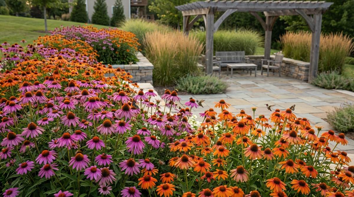 A vibrant mass planting of single flower species arranged in odd-numbered groups, creating visual impact and serving as feeding stations for bees, butterflies, and hummingbirds in a contemporary garden setting.