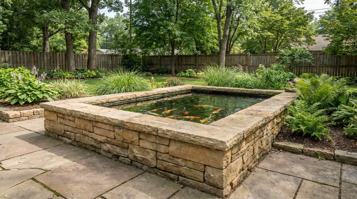 A raised stone wall pond constructed with dry-stack granite or sandstone blocks, elevating the water feature 18-24 inches above ground level. This design improves koi visibility, reduces debris entry, and functions well on flat properties where excavation is difficult. The elevated position also helps deter predators like raccoons and herons.