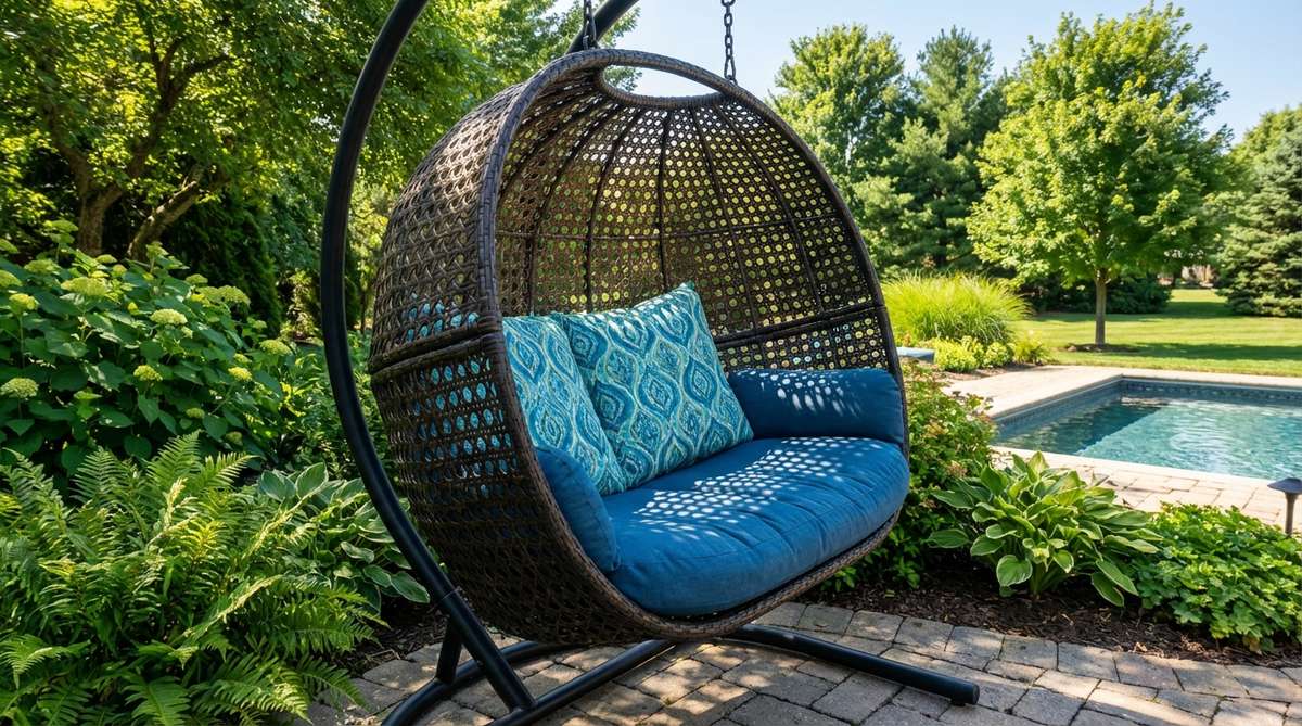 A suspended rattan egg chair with stand, perfect for outdoor summer decor. This sculptural piece features woven construction that filters sunlight to create beautiful dappled patterns. Ideal for pool decks or garden corners, it provides a cozy retreat space for reading or relaxing. Made with UV-resistant synthetic rattan for durability and paired with thick cushions in tropical prints or ocean hues. The freestanding design with powder-coated steel base offers flexible placement without installation requirements.