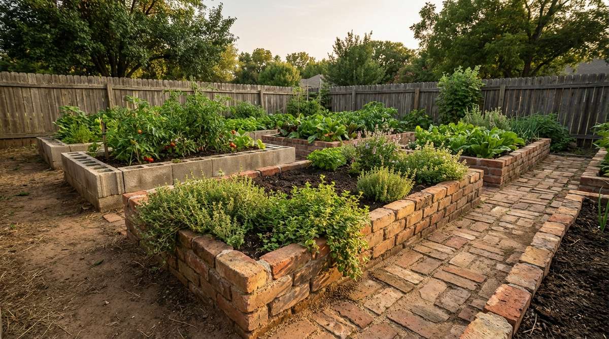 A rustic garden border made from reclaimed concrete masonry wall sections framing vegetable beds in a French potager style. The aged bricks create substantial edging with natural character, installed directly on native soil with sand joints for water permeability. Herbs like thyme and oregano thrive along the edges, benefiting from heat reflection off the brick surfaces while maintaining clear separation between garden zones.