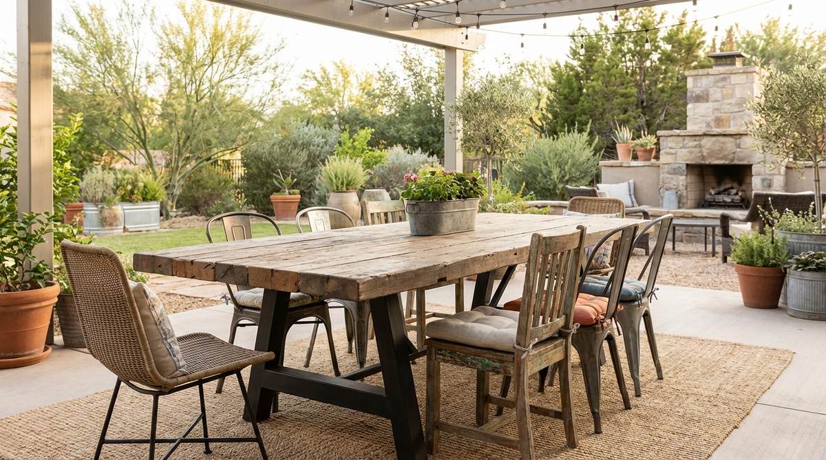 A substantial dining table with thick reclaimed wood planks and powder-coated steel legs, serving as a focal point in industrial boho decor, combining organic warmth from natural wood grain with industrial integrity from metal framework, surrounded by mismatched chairs for an eclectic bohemian spirit.