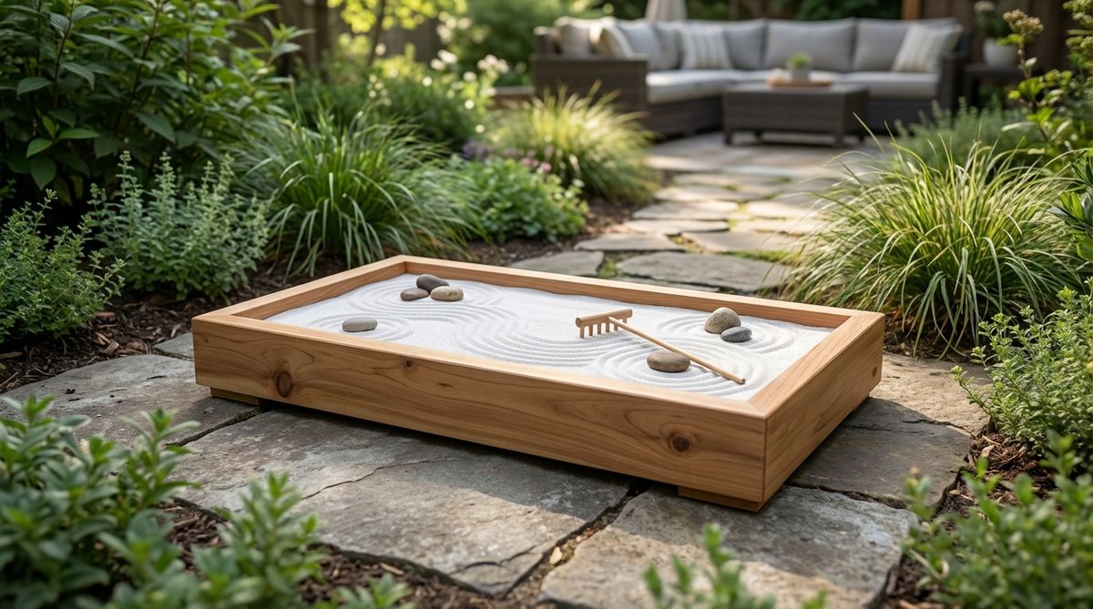 A 12x6-inch rectangular cedar platform designed for zen garden miniatures, featuring extended surface area for creating elaborate sand patterns. The platform's length accommodates sweeping rake motions to mimic ocean waves or mountain ridges, with cedar's natural oils providing moisture resistance and a subtle calming scent. The 2-inch high edges effectively contain sand during vigorous raking sessions.