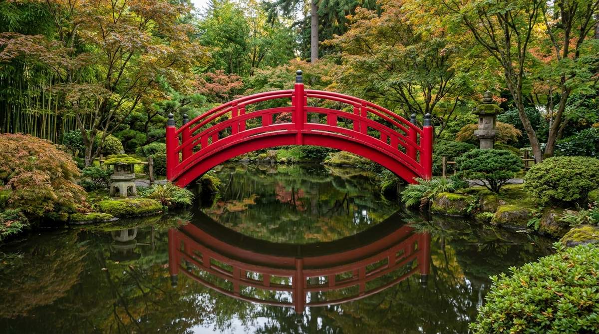 A traditional moon bridge with a vibrant crimson finish, arching steeply over still water to create a striking contrast against lush greenery and reflections. This red lacquered bridge, rooted in Asian symbolism for good fortune, is positioned to complete a circular 'moon' shape when viewed from specific angles. It is surrounded by Japanese maples, bamboo groves, and stone lanterns, enhancing an authentic Asian garden atmosphere. The bridge features sturdy railings and is designed for careful placement in gardens, with maintenance requiring lacquer reapplication every 2-3 years to protect the wood.