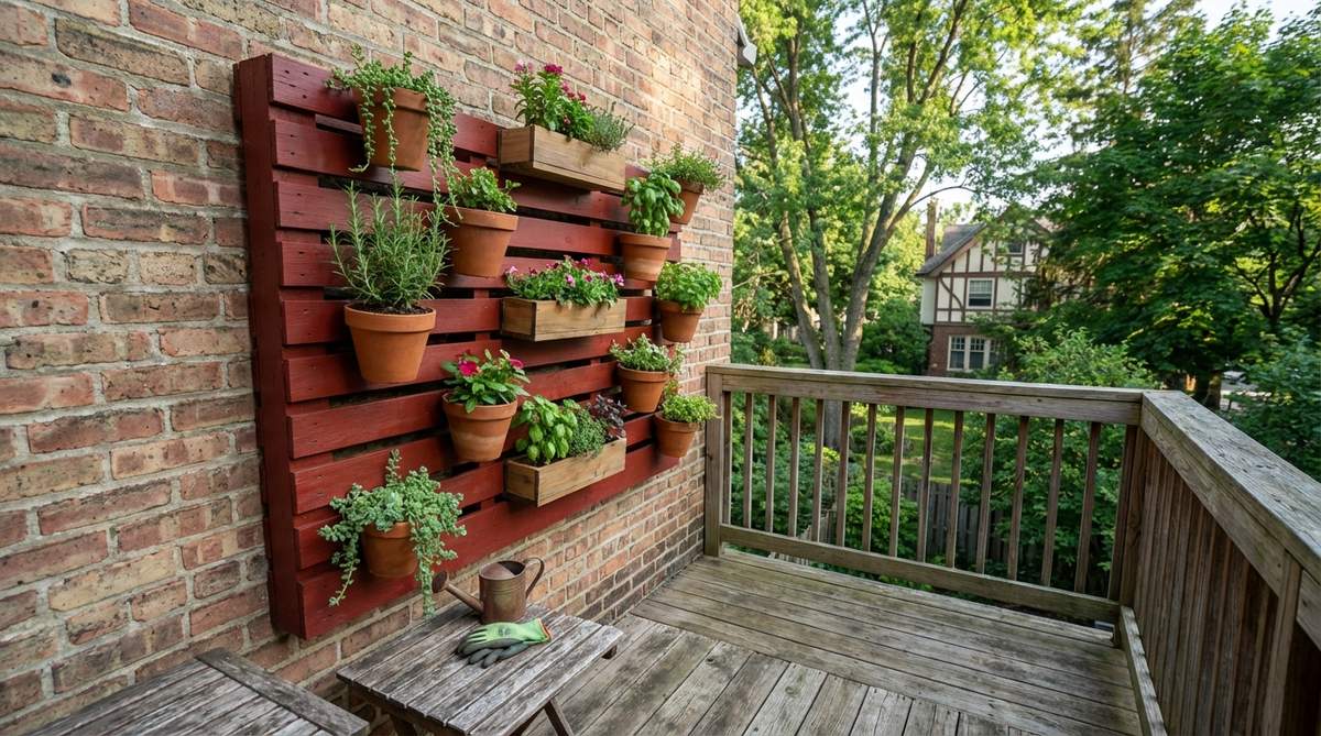 A DIY vertical garden made from a repurposed wooden pallet, showcasing small to medium plants arranged on horizontal slats. The pallet is sanded, sealed, and painted in a bold color, creating an instant multi-level planting surface perfect for balcony decor. This space-saving solution accommodates 10-15 plants and can be positioned to receive appropriate light.