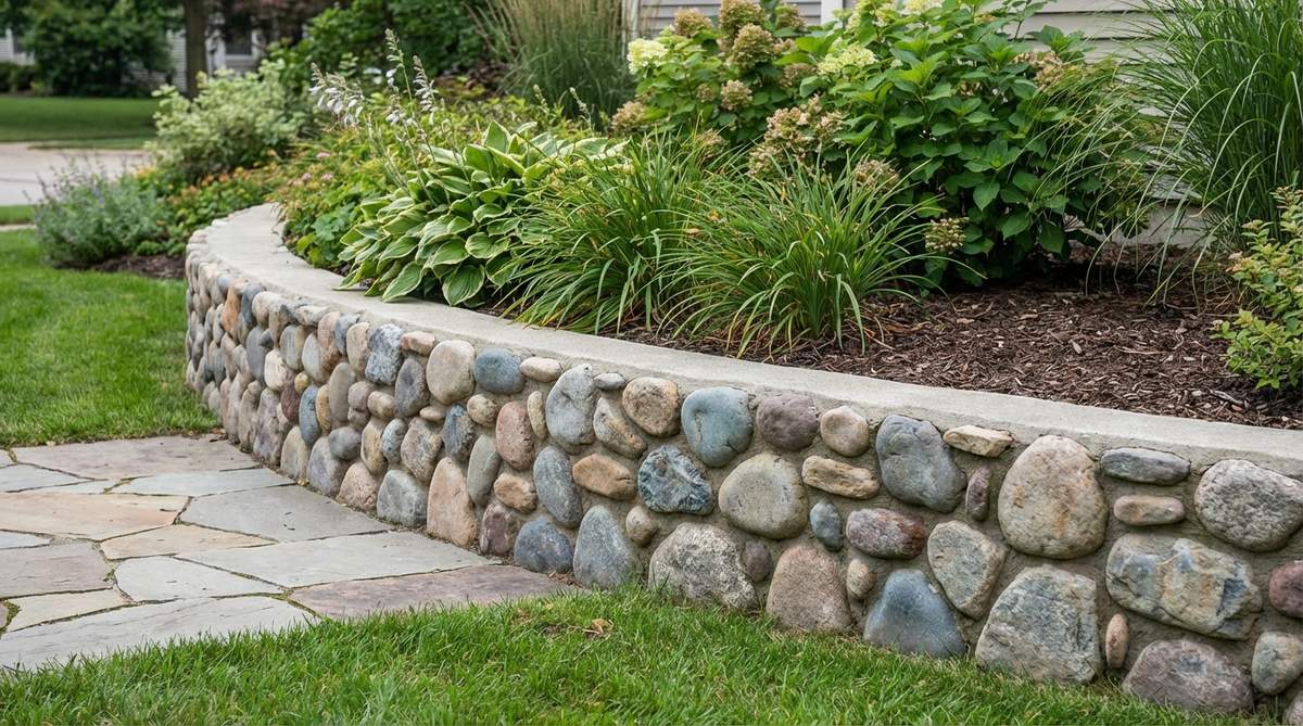 A decorative small garden retaining wall featuring smooth river stones set in mortar, creating natural texture with varied sizes and subtle color gradations. This accent wall design references water features and works best for walls under 2 feet tall, with stones applied to concrete or block using thinset mortar and sealed for moisture protection.