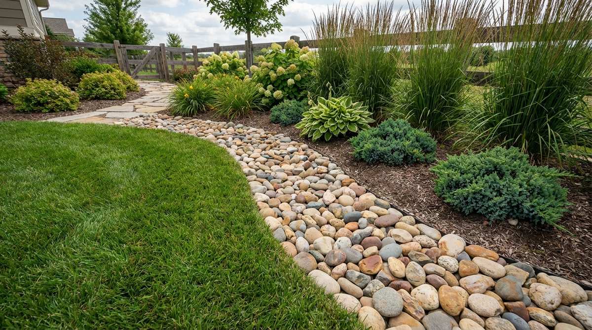 Smooth water-worn river rocks arranged as a flowing border along a garden planting bed, showcasing neutral tan, gray, rust, and cream tones that create a calming transition between lawn and garden areas.