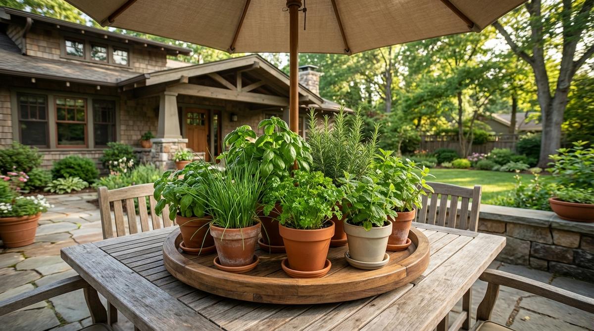 A circular rotating lazy Susan tray filled with small pots of fresh herbs like basil, chives, and parsley, serving as a mobile centerpiece for a mini herb garden on a kitchen island or dining table.