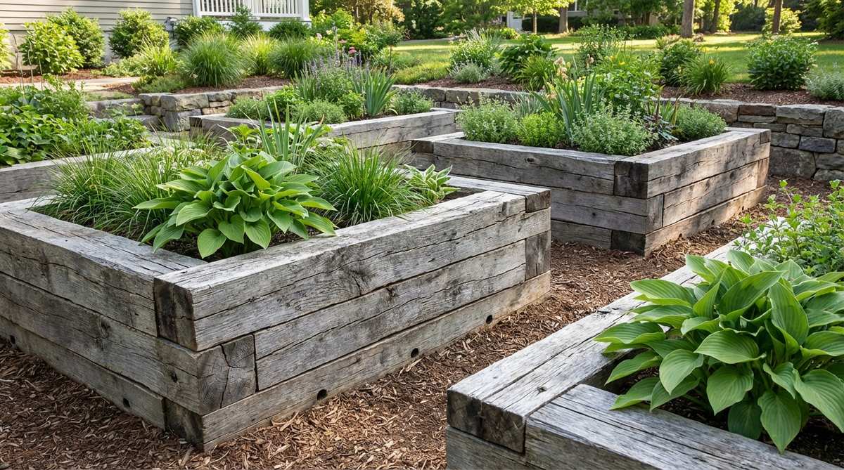 A close-up image of rough-hewn timber frames used in rustic garden decor, showcasing square-cut timbers with visible adze marks framing garden beds. The rustic surface treatment contrasts with smooth foliage and refined plantings, highlighting architectural presence. The timber corners are joined using half-lap or mortise-and-tenon connections, with drainage holes along the bottom. The untreated wood is allowed to weather naturally, developing a patina with checking and cracking that enhances the authentic rustic aesthetic and structural stability.