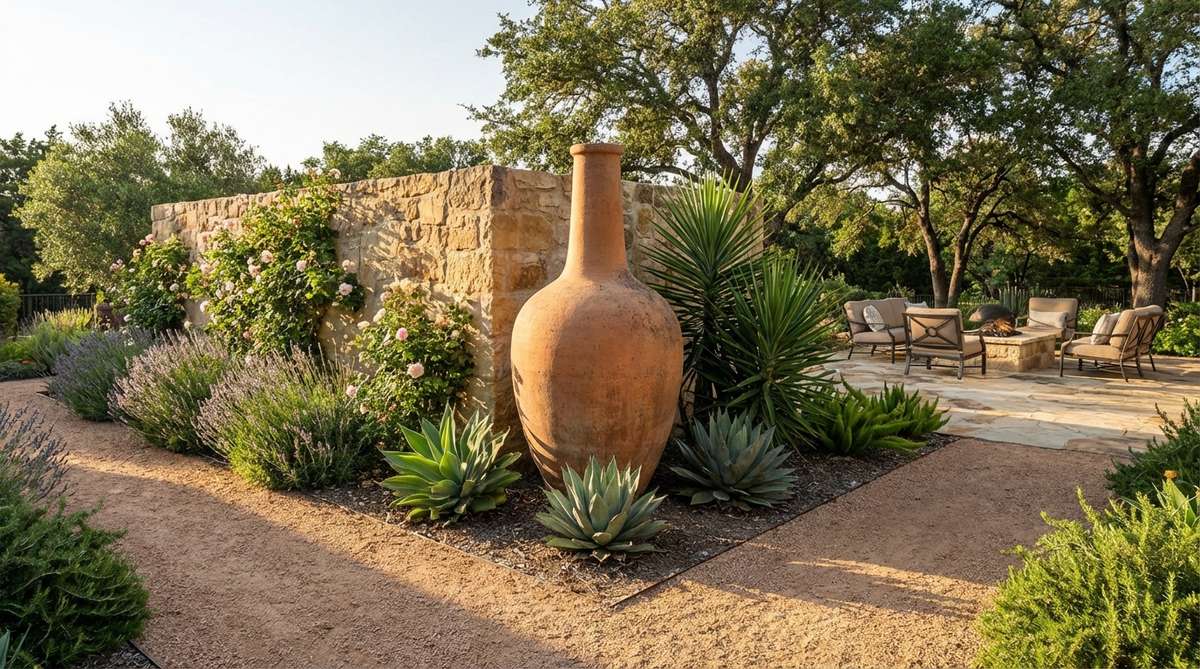 A traditional Mediterranean oil jar positioned as a dramatic focal point in a garden, anchoring the composition with its tall, narrow-necked design. It adds vertical interest and historical authenticity, placed at a pathway intersection or against a sun-warmed wall, possibly planted with architectural agaves or yuccas, or left unplanted as a sculptural element.