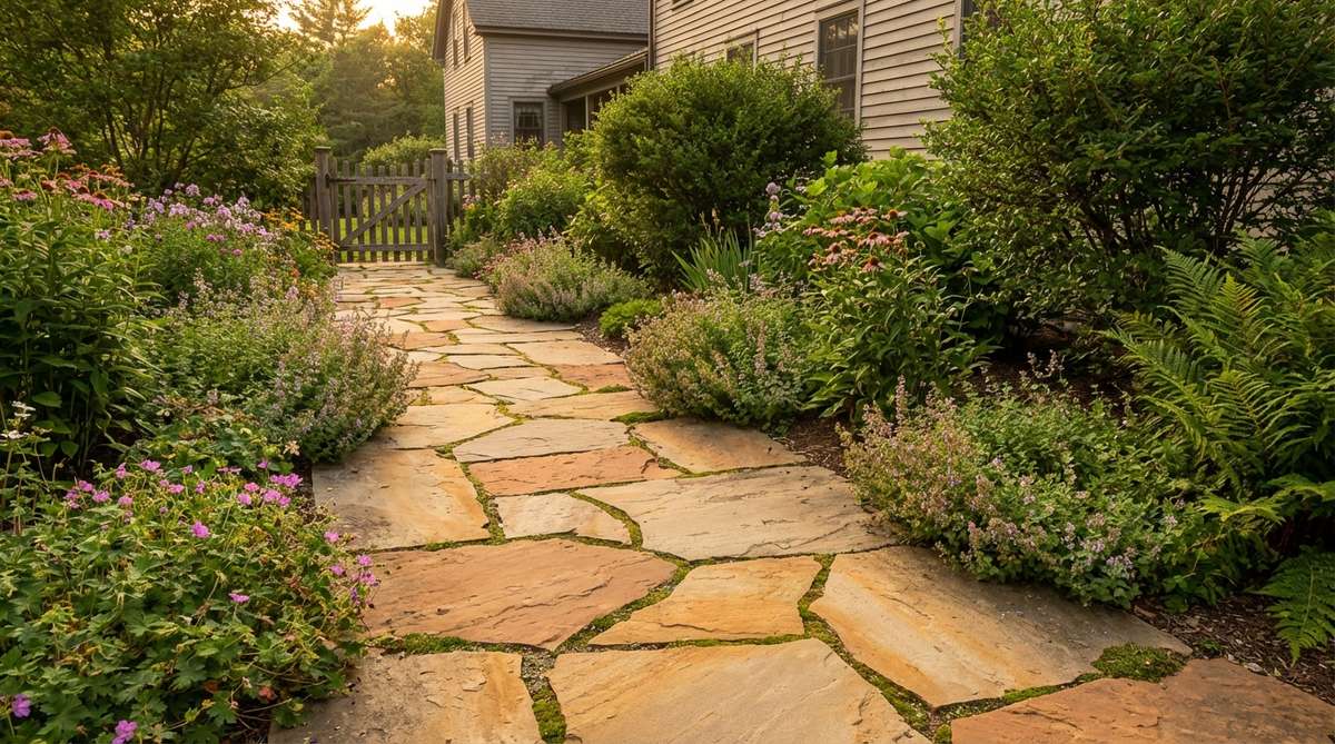 A warm-toned sandstone garden path with honey and terracotta hues, featuring varied thickness pieces from 1 to 3 inches for dimensional interest, blending naturally with moss and lichen in a country cottage aesthetic.