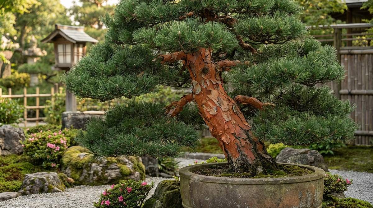 A close-up image of a Scots Pine bonsai, showcasing its mature orange-red bark that peels in distinctive plates, with two-needle foliage responding to seasonal pruning cycles, ideal for Japanese garden settings.