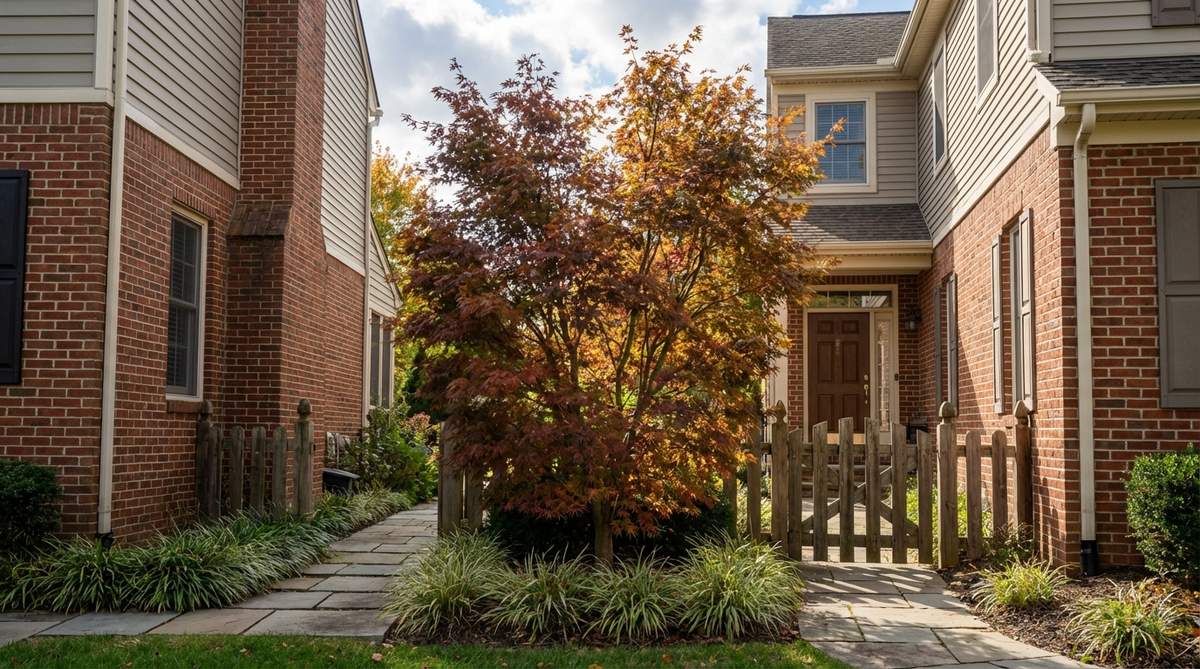 A mature Seiryu Upright Laceleaf Maple tree showcasing its distinctive dissected foliage and upright structure. The green leaves display their characteristic fall colors of gold and crimson, providing three-season interest in a small garden setting. The tree is shown in a landscape context, demonstrating how its vertical habit fits narrow spaces between buildings or flanking doorways.