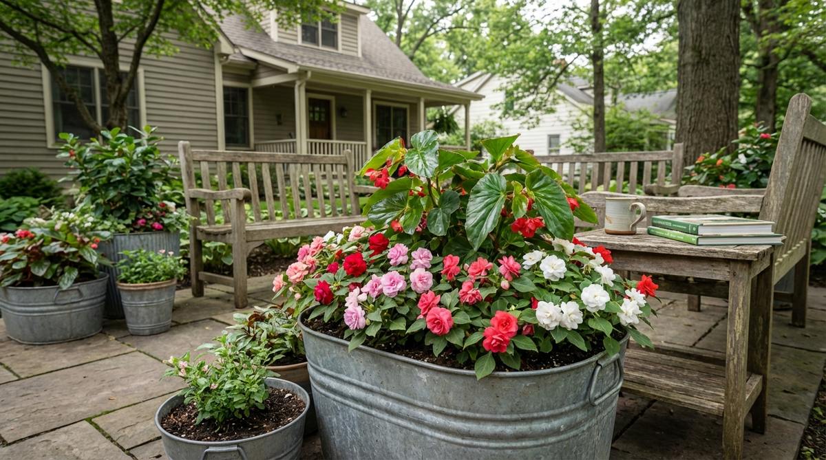 A beautiful garden tub decor featuring double rosebud impatiens thriving in galvanized containers on a north-facing patio. Dragon wing begonias planted alongside create contrasting leaf shapes. Both shade-tolerant species maintain vibrant colors without direct sunlight, with the metal containers helping regulate soil temperature in shaded areas.