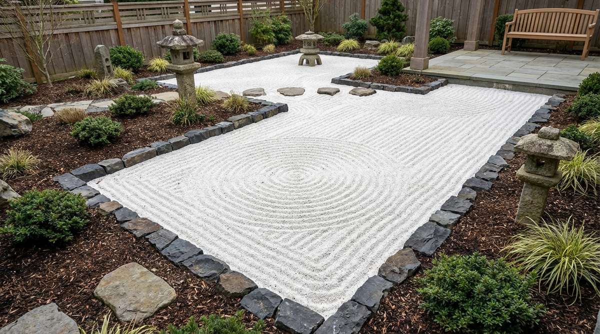 A traditional Zen garden featuring white granite sand from Kyoto, spread two to three inches deep over a compacted base, with dark basalt or granite borders creating sharp contrast and preventing sand migration into planted zones.