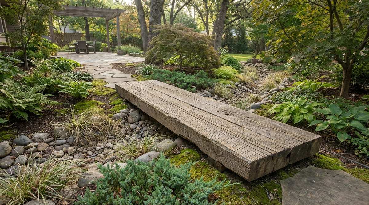 A minimalist garden bridge featuring a single thick timber plank spanning a small gap, showcasing Japanese-inspired design with asymmetrical placement and textured surface for safety in wet conditions.