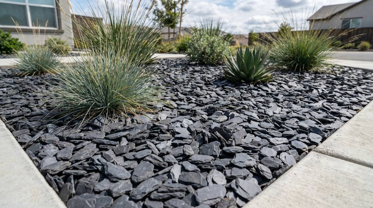 A close-up view of dark slate chips used as mulch around plants in a minimalist garden, showcasing their angular texture and uniform size for a clean, low-maintenance aesthetic.