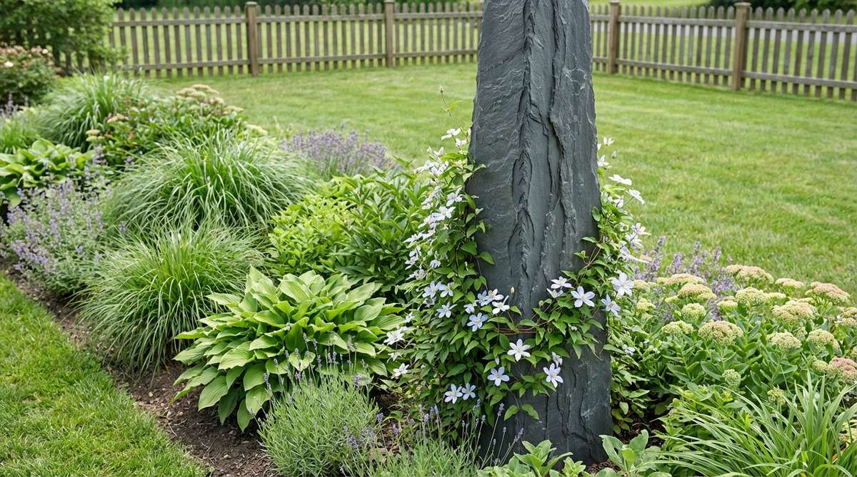 A dark gray slate obelisk standing tall in a perennial garden border, showcasing its tapered vertical form and stratified texture that catches changing light throughout the day. The obelisk serves as structural punctuation at a bed corner while supporting climbing clematis vines.