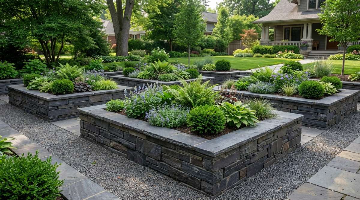 A refined slate tiered planting wall showcasing rich dark tones and natural layered structure, ideal for compact raised bed gardens with geometric forms and excellent water resistance.
