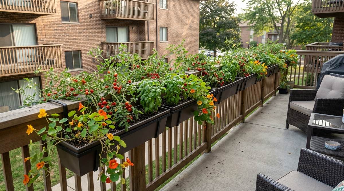 A long row of slim planters hanging along an apartment balcony railing, overflowing with cherry tomatoes, basil, and nasturtiums, creating a continuous raised bed at waist height without using floor space, ideal for small garden raised beds.