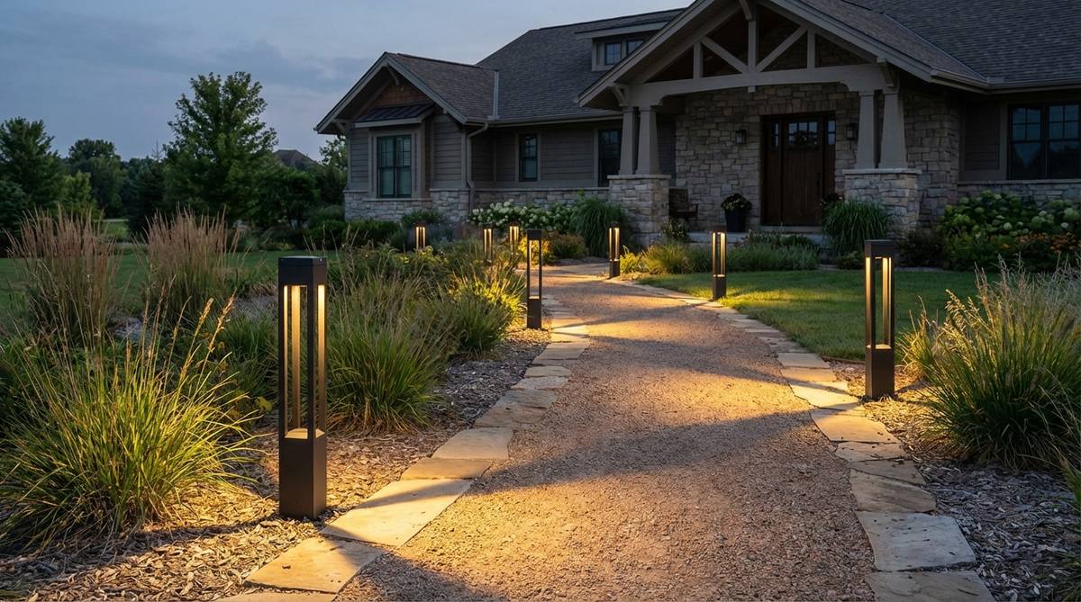 A tall solar bollard column, ranging from 24 to 48 inches in height, illuminating a garden pathway or driveway edge with substantial light output. This architectural fixture provides both a design statement and practical illumination, spaced 10-15 feet apart along major routes, with motion sensors to conserve battery power.