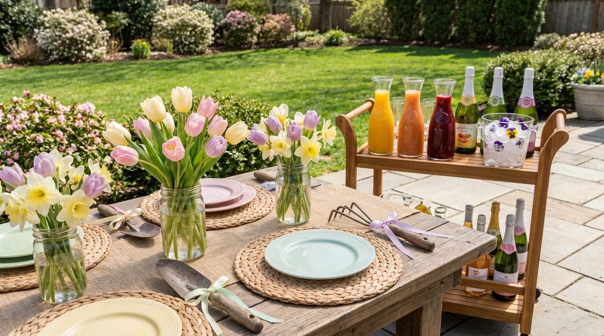 A vibrant garden party scene with pastel colors, fresh tulip and daffodil bouquets in mason jars, whimsical garden tool decor, and a mimosa bar with fruit purees and edible flower ice cubes, set in natural daylight for a spring brunch.
