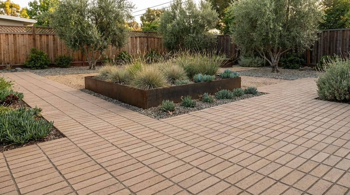 Modern stack bond brick pattern showing perfectly aligned vertical and horizontal joints creating a geometric grid. This contemporary layout features uniform spacing between bricks, ideal for minimalist courtyard gardens and architectural landscape designs where clean lines and precision are emphasized.
