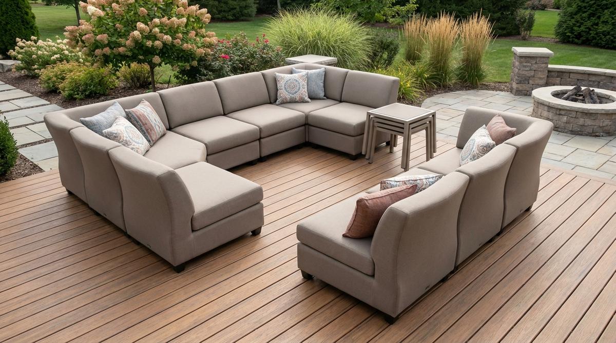 A modern garden furniture set featuring stackable sectional components, designed for compact seasonal storage. The lightweight modules nest inside each other, allowing easy rearrangement by one person while maintaining stability. With contoured backs for ergonomic support, rubber feet to protect deck surfaces, and neutral taupe fabric that coordinates with seasonal accent pillows, this system can expand from a loveseat to an eight-person sectional.