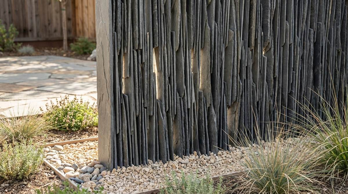 A close-up view of a stacked slate privacy screen, featuring thin slate sheets arranged vertically to create dramatic height and visual lightness. The layered design alternates thick and thin pieces for varied rhythm, set in a gravel trench for stability, ideal for wind-protected garden areas.