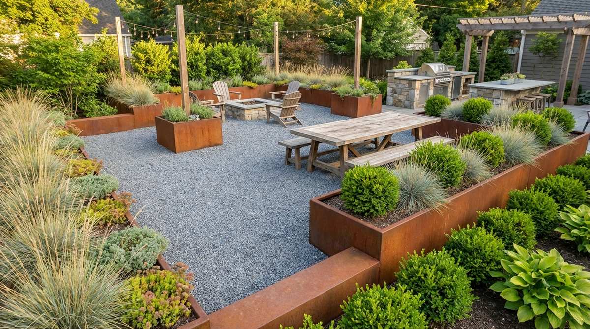 A modern garden featuring a clean-edged gravel court framed with Corten steel edging. The warm rust patina of the weathered steel contrasts beautifully with cool gray gravel and vibrant green plantings, creating an elegant outdoor entertaining space with excellent drainage.