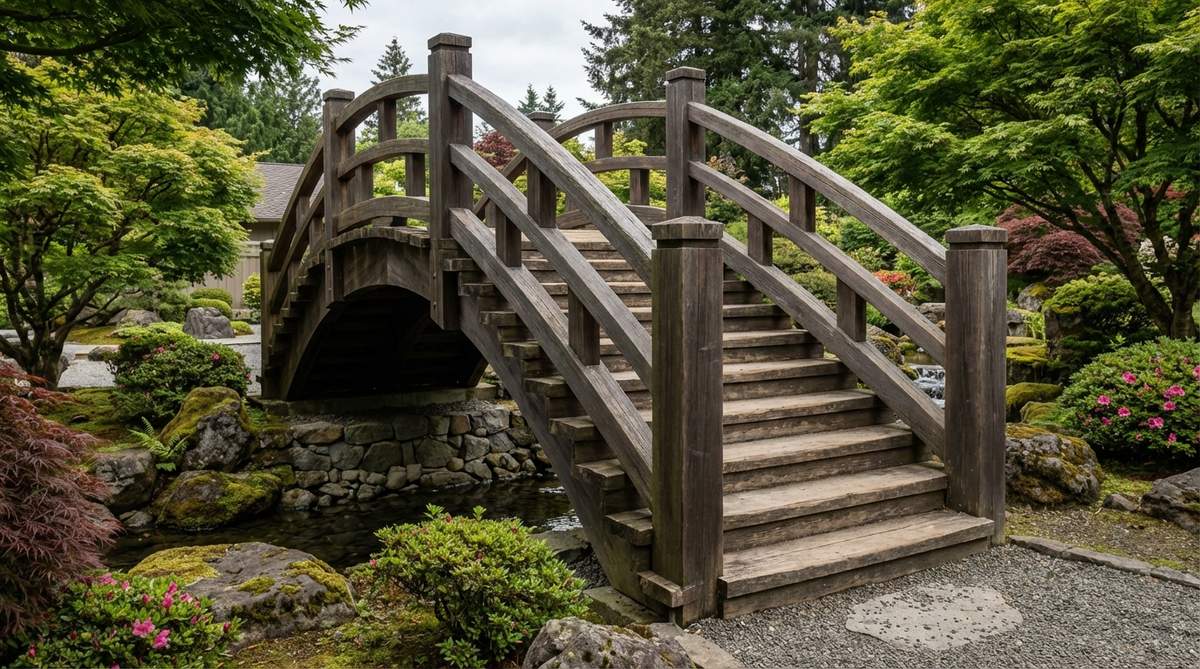 A dramatic ultra-steep Japanese garden bridge with a 50-degree incline, featuring robust waist-height handrails with intermediate horizontal rails for safety. The bridge has carefully spaced steps at 8-10 inches apart to create footholds on the extreme slope, serving as an architectural statement that requires physical effort mirroring spiritual discipline in traditional temple garden contexts.