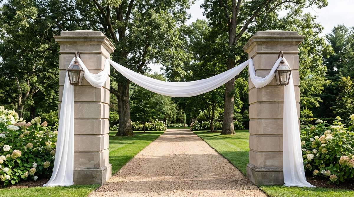 Two tall stone pillars flanking the aisle entrance at a garden wedding, made from stacked ashlar blocks with squared caps for hanging lanterns or floral swags, serving as a formal threshold and anchoring points for fabric draping.