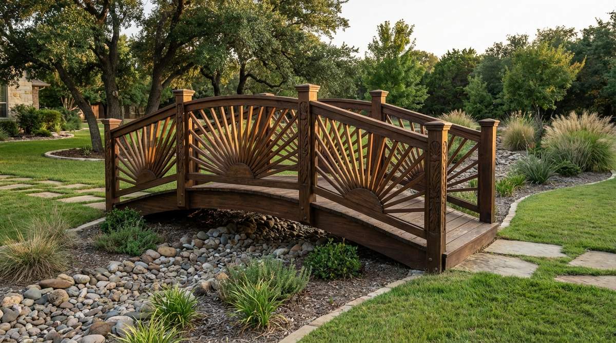 A decorative zen garden bridge featuring sunburst-pattern railings with radiating slats that fan outward from central posts, symbolizing renewal and energy. This ornamental design transforms a simple arched bridge into garden art, with panels strategically placed at entry points or the highest arc for optimal visibility.