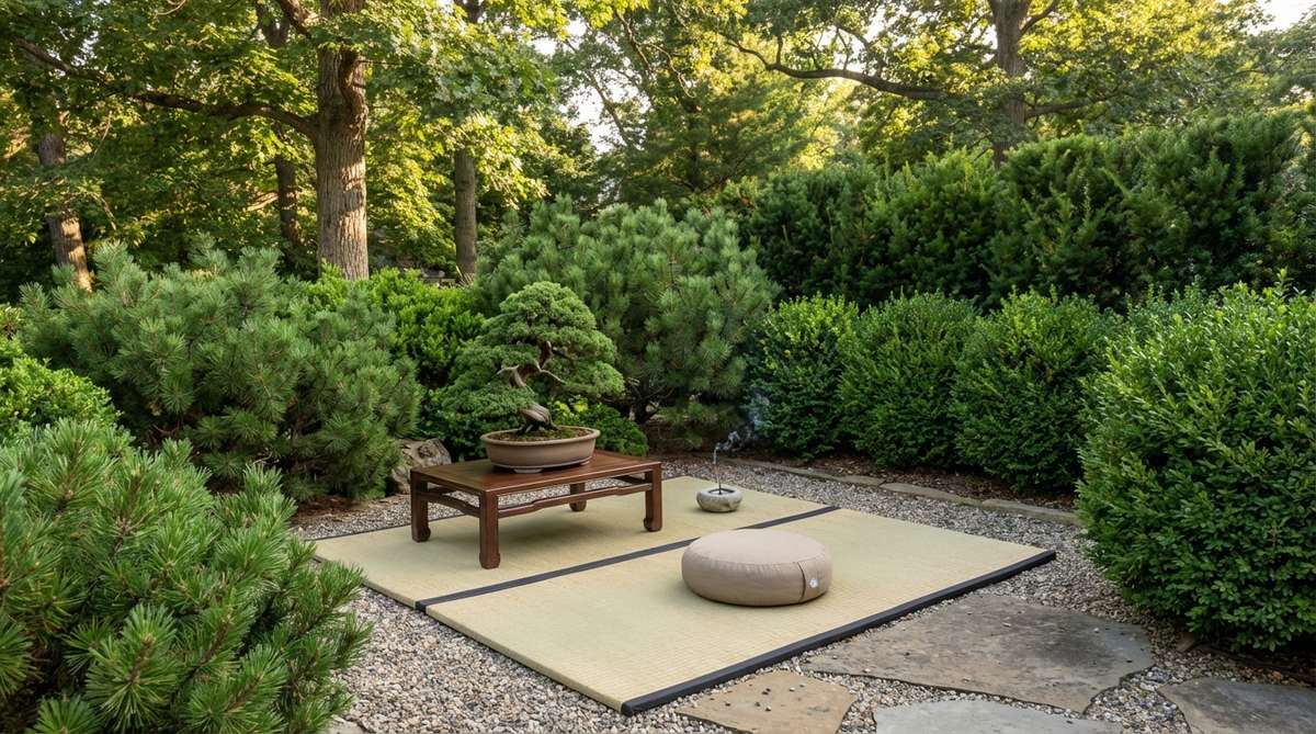A serene meditation corner featuring a single tatami mat with a low bonsai table, centered by a Shimpaku juniper bonsai for seated contemplation. Includes a small incense holder and meditation cushion, creating a functional 3x3 foot space that fits into unused corners in bedrooms or home offices, with evergreen foliage providing year-round consistency.