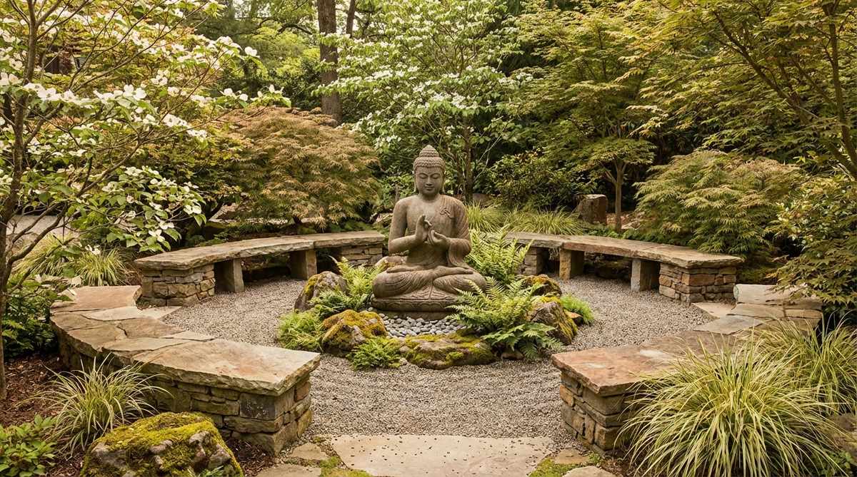 A serene statue of Buddha in the teaching pose, with hands forming the wheel of dharma mudra, symbolizing enlightenment. Ideal for zen gardens designed for meditation and educational purposes, featuring a semi-circular seating arrangement with natural stone benches.