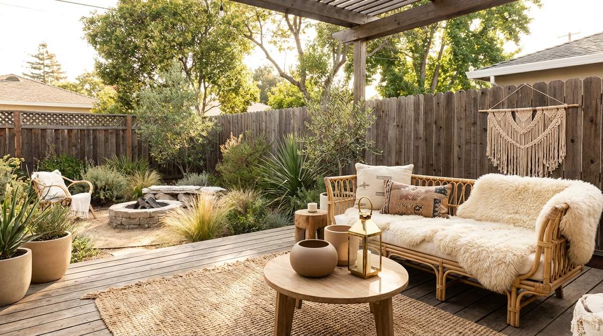 An image showcasing boho decor with textural contrasts, such as rough jute beside smooth ceramics, soft wool blankets on rattan furniture, and glossy brass accents with matte natural fibers, creating tactile richness.