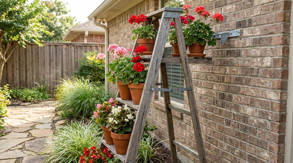 A tiered ladder plant stand leaning against a wall, displaying potted plants at graduated heights. This garden decor piece features an A-frame ladder design, with painted wood for a cottage garden charm or metal for an industrial-modern look. It includes shade-tolerant plants like begonias on lower rungs and sun-lovers such as zonal geraniums near the top, with pots rotated for even growth. The ladder is securely attached to wall studs or masonry anchors to prevent toppling.
