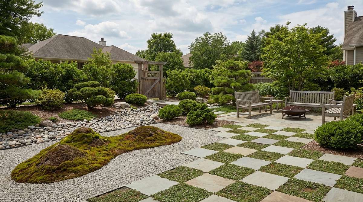 A view of the Zen gardens surrounding the abbot's quarters at Tofukuji Temple, featuring four distinct garden designs including moss-covered mounds representing sacred mountains and a modern checkerboard stone pattern.