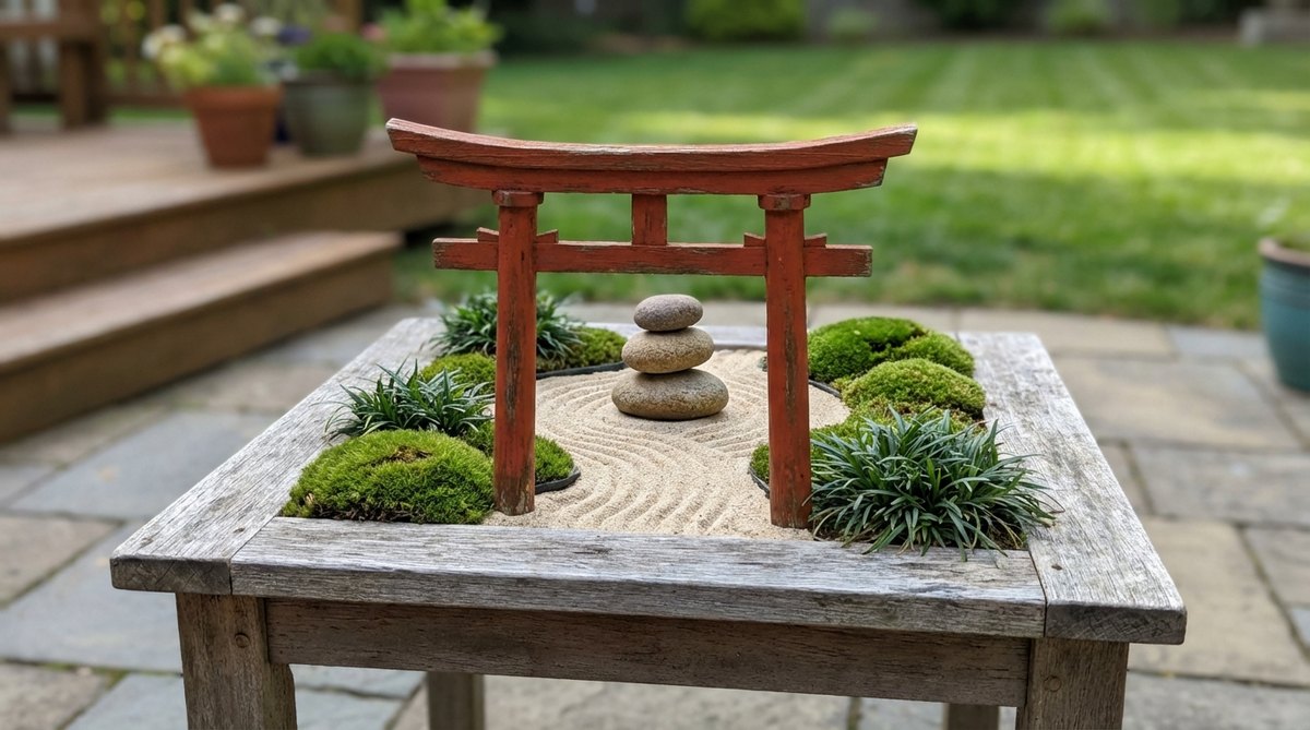 A close-up view of a mini zen garden featuring a vermilion-painted wooden torii gate, measuring 3.5 inches high, that frames the entrance to a sand pathway leading to stacked meditation stones. This garden is designed to symbolize entry into a calm mental space, often positioned facing a desk to enhance focus transitions during work sessions, inspired by traditional Shinto shrine architecture.