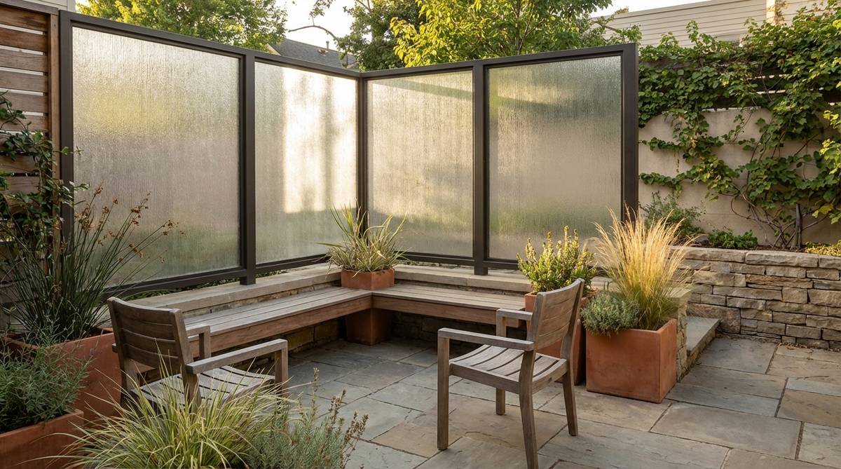 Frosted or textured translucent resin panels diffusing light in a small garden courtyard, framed in powder-coated aluminum for durability and clean lines, installed near seating areas for privacy without visual weight.
