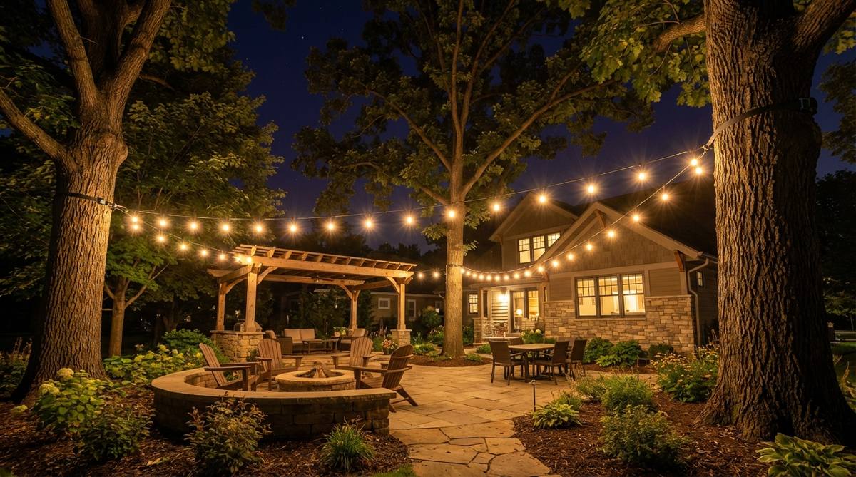 A nighttime photo showing string lights suspended from mature tree branches, creating overhead illumination in an outdoor space. The lights are attached using protective ratchet straps with strain relief loops, positioned 12-15 feet above ground level to preserve sightlines and integrate with existing landscape architecture.