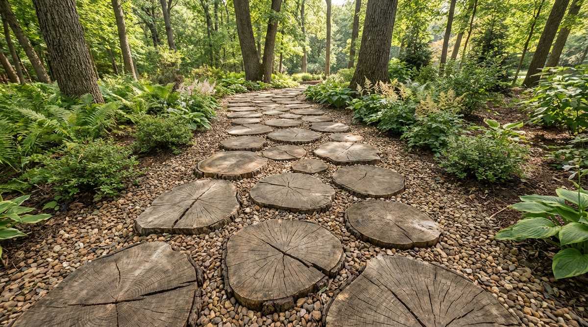 A rustic garden walkway made from cross-sections of hardwood logs, such as oak or cedar, serving as stepping stones with visible annual ring patterns. The slices are 3-4 inches thick and 14-20 inches in diameter, treated with sealant and placed on a gravel drainage layer, ideal for woodland or native plant gardens to enhance the organic aesthetic.